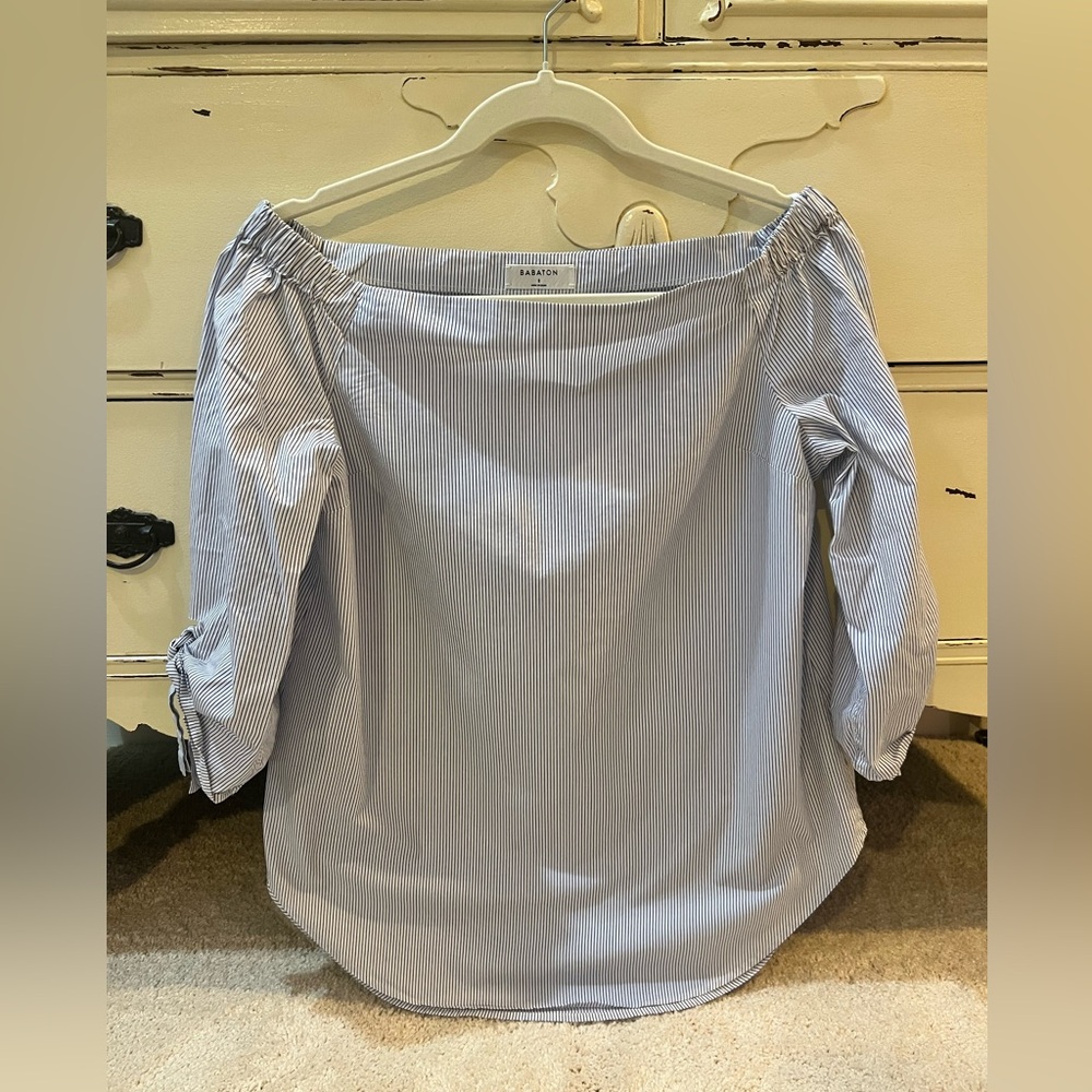 Babaton Light Blue Striped Blouse Off the Shoulder Size Small
